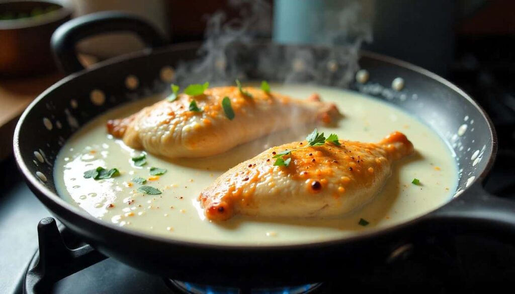 Chicken yogurt recipe cooking in pan with creamy yogurt sauce