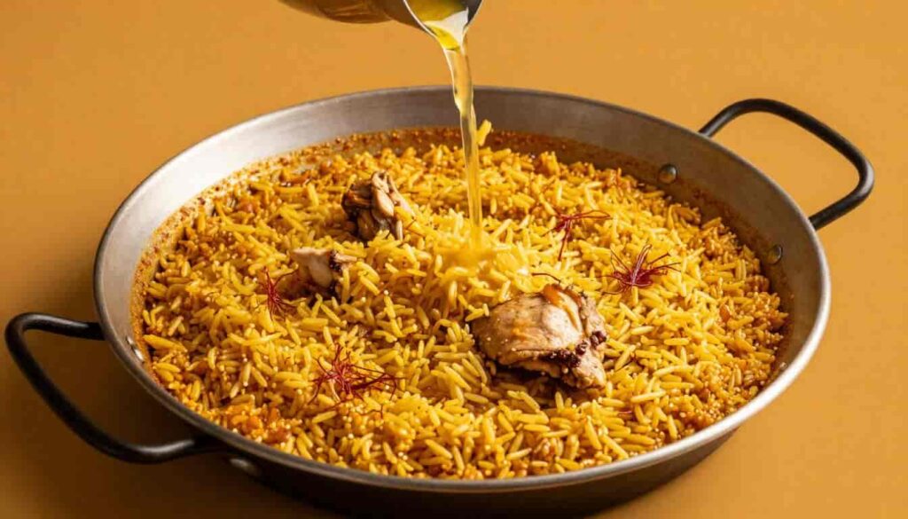 Adding bomba rice and saffron stock to authentic chicken paella recipe during the cooking process.