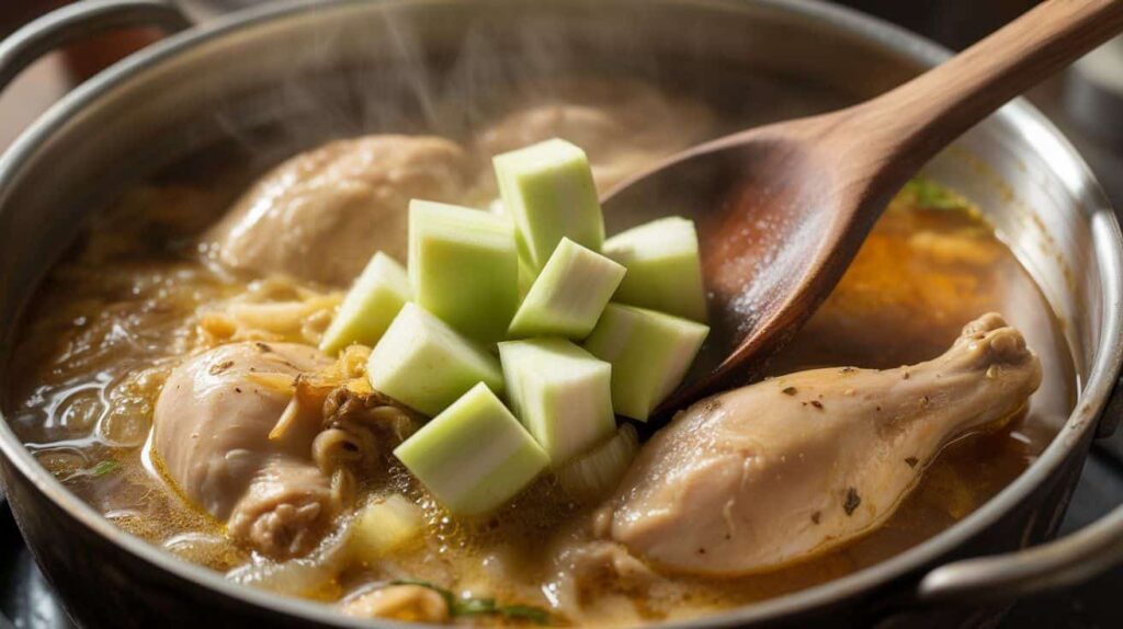 Adding green papaya to chicken papaya recipe during cooking