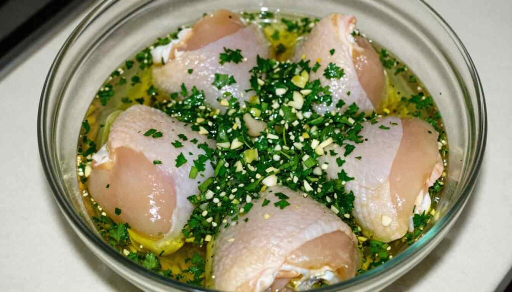 Argentinian chicken marinating in chimichurri sauce before grilling