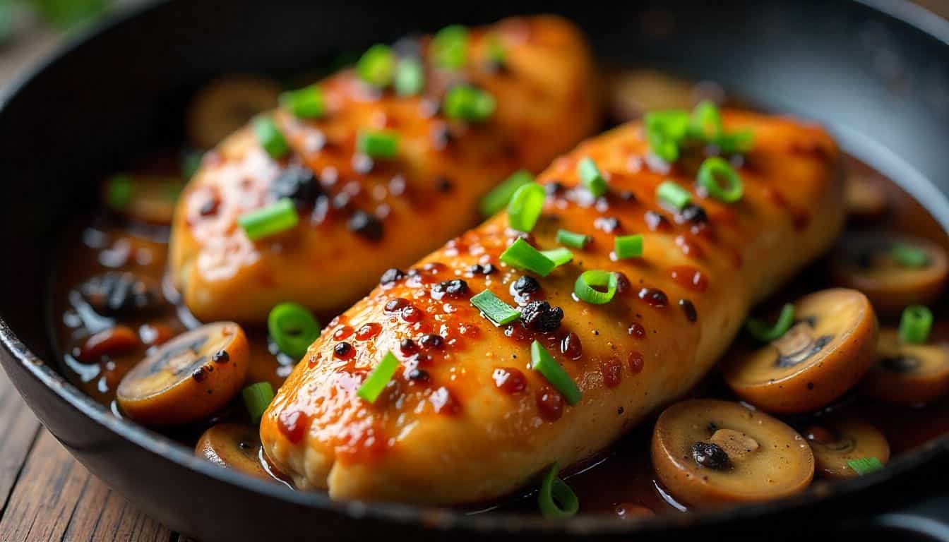 Black pepper chicken with mushrooms recipe served in a skillet