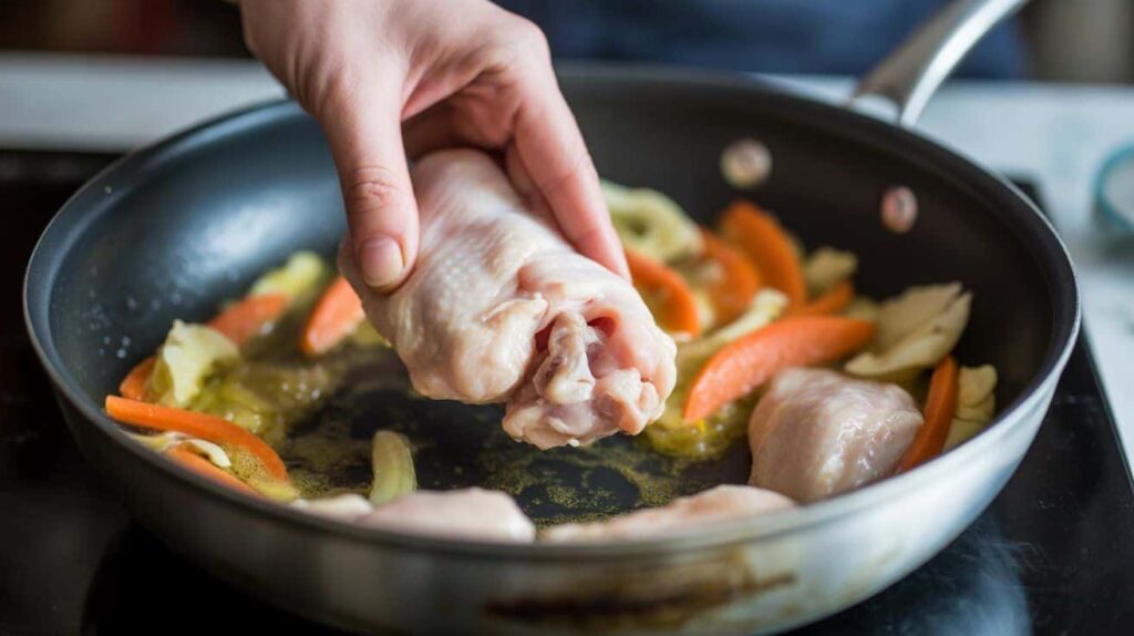 Browning chicken pieces while cooking chicken papaya recipe