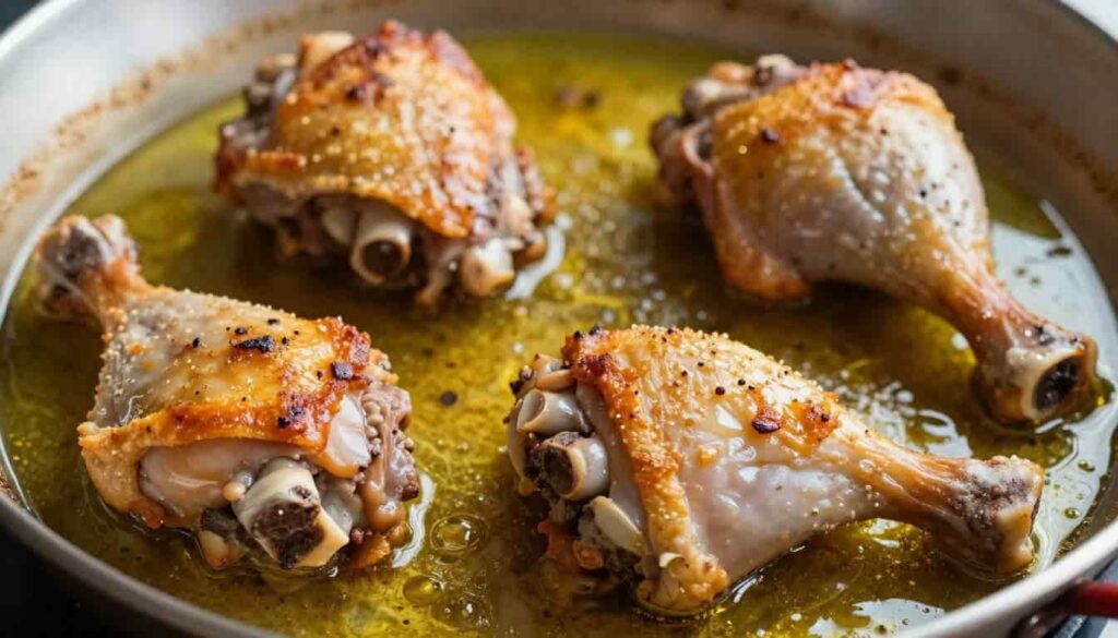 Chicken browning in olive oil for authentic chicken paella recipe using traditional Spanish cooking methods.