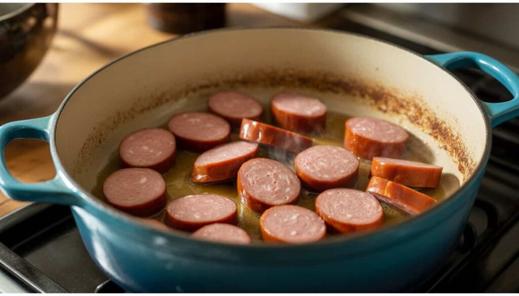 Smoked sausage browning in a pot for authentic chicken sausage jambalaya recipe