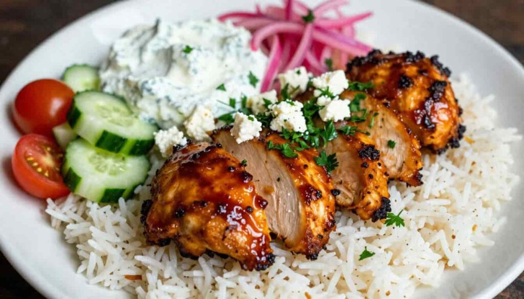 Healthy Cava chicken recipe served over greens with harissa honey chicken and tahini sauce