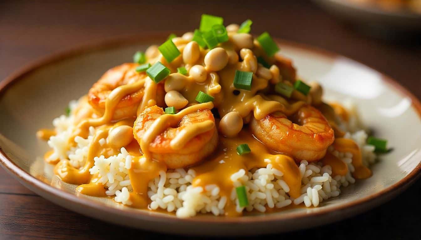 Cheesecake Factory bang bang chicken and shrimp recipe served with coconut curry sauce and peanut drizzle over rice