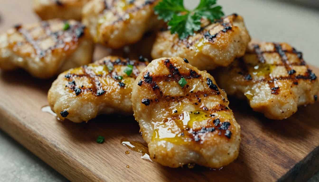 Chick fil A grilled chicken nuggets recipe Chick fil A grilled chicken nuggets recipe served on a wooden board with visible grill marks and fresh herbs