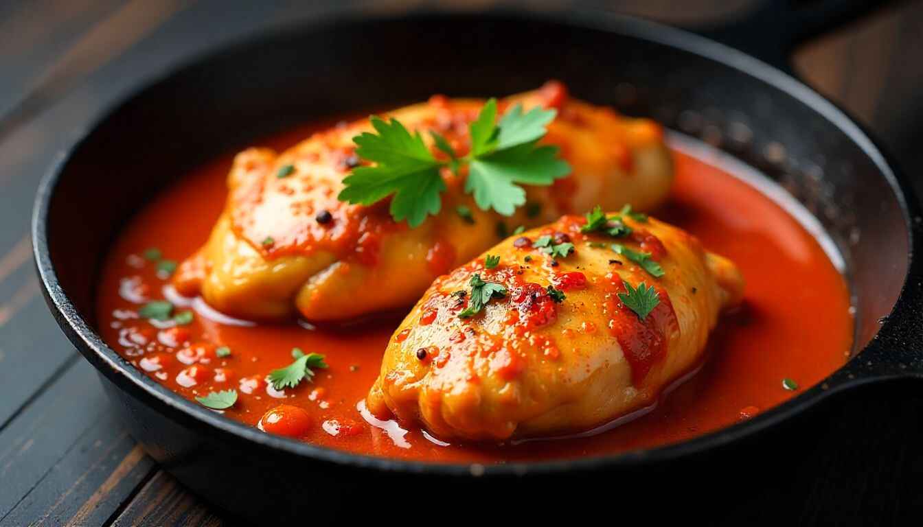 Spicy chicken diablo recipe served in a skillet with glossy red diablo sauce, tender chicken breasts, fresh herbs, and steam rising for a bold homemade dinner