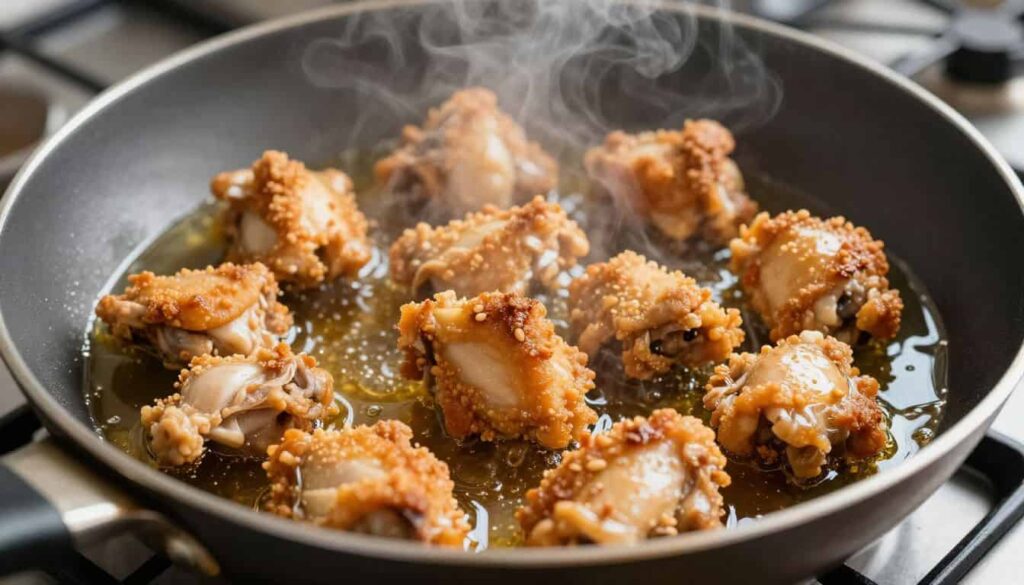 Frying chicken for chicken honey sesame recipe until golden and crispy