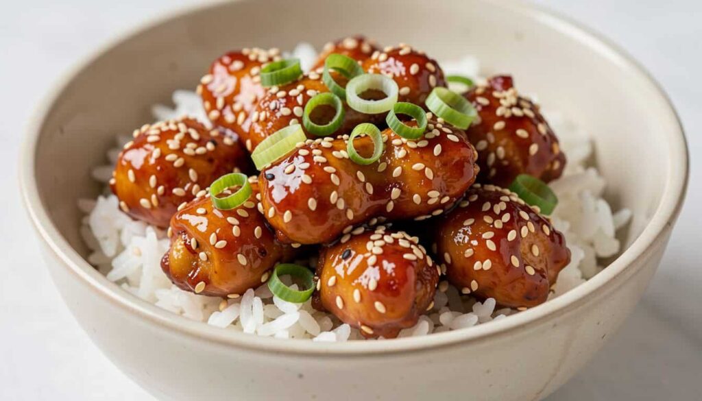 Chicken honey sesame recipe served over rice with sesame seeds and green onions