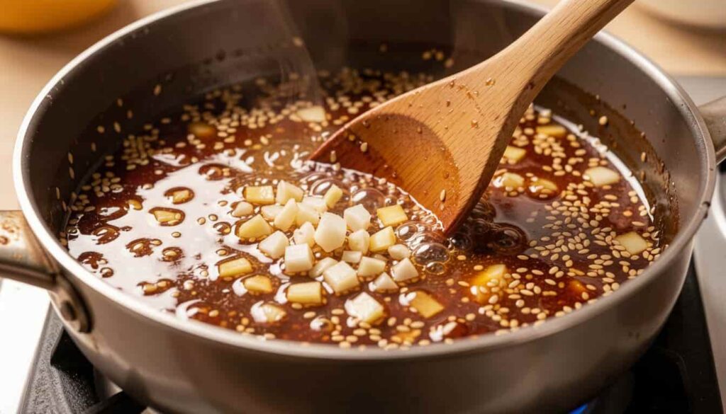 Honey sesame sauce being cooked for chicken honey sesame recipe