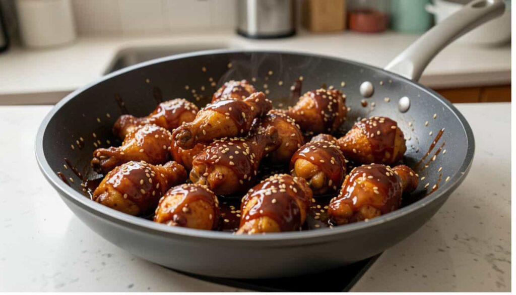 Tossing crispy chicken in honey sesame sauce for chicken honey sesame recipe