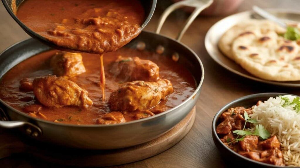 Adding marinated chicken to spicy gravy for chicken kamasutra recipe Cream added to chicken kamasutra recipe for rich texture