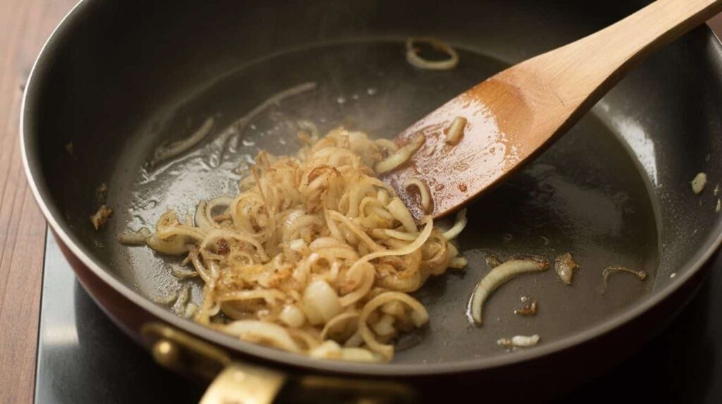 Cooking onion and tomato gravy base for chicken kamasutra curry