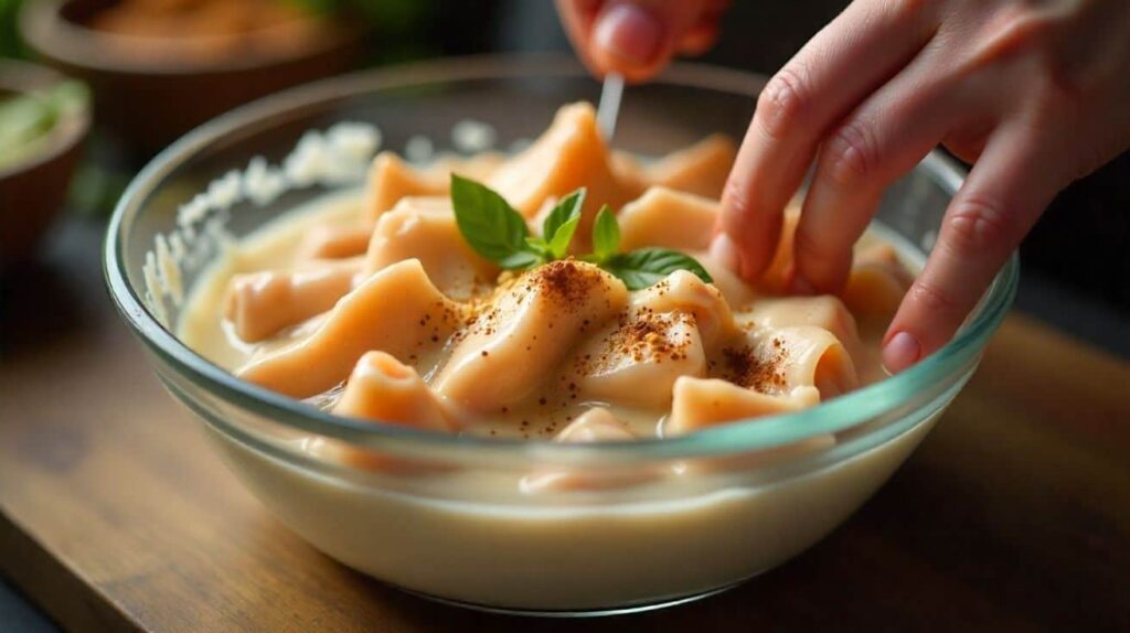 Marinating chicken for chicken kamasutra recipe with yogurt and spices