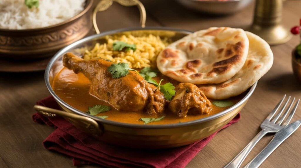 Chicken kamasutra recipe served with naan and basmati rice
