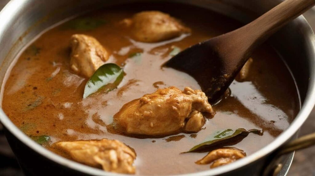 Chicken cooking in spicy kulambu gravy Thick and spicy chicken kulambu gravy texture