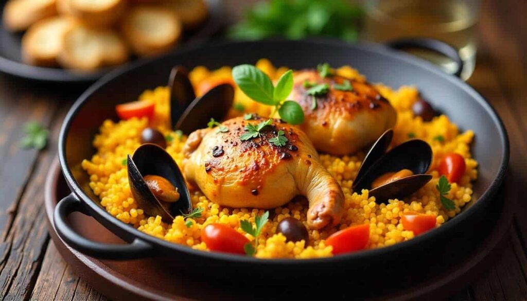 Authentic chicken paella recipe served with bread, olives, and white wine for a complete Spanish meal.