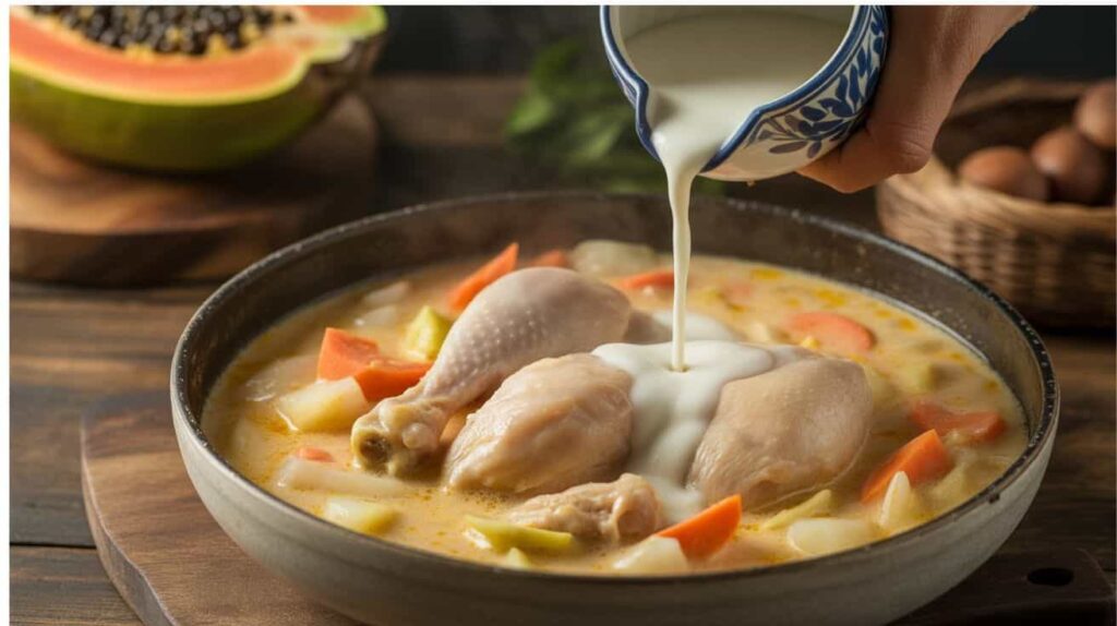 Chicken papaya recipe cooked with coconut milk for a creamy flavor