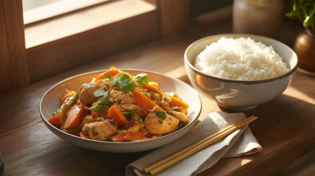 Chicken papaya recipe served with steamed rice for a complete meal