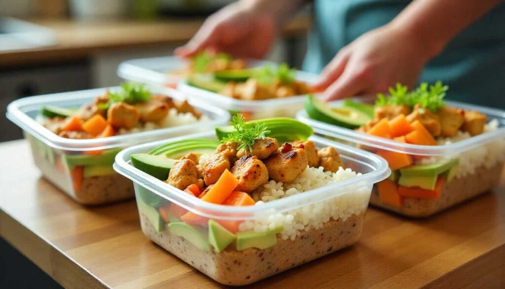 Healthy chicken poke bowl recipe prepared in meal prep containers for weekly lunches