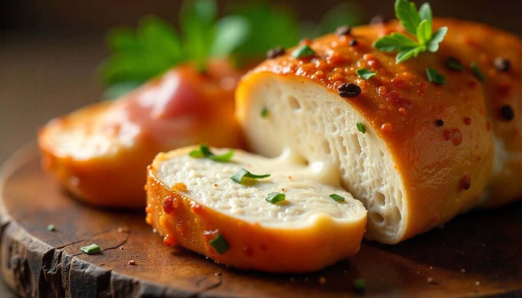 Melted fontina cheese inside Chicken Rosa Maria stuffed chicken breast