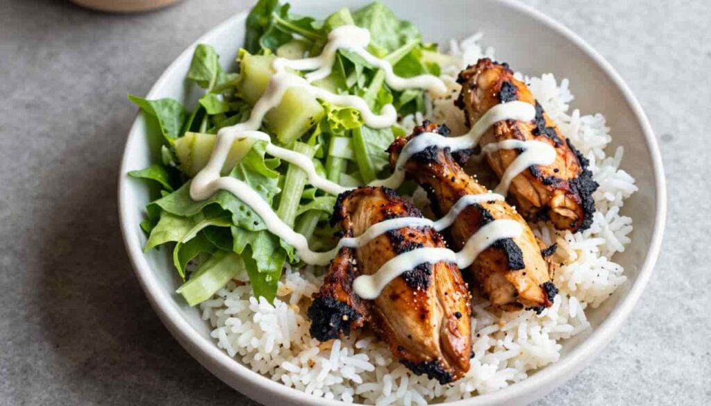 Chicken shawarma bowl with rice, fresh salad, tahini sauce drizzle, and roasted chicken, top-down view, balanced composition