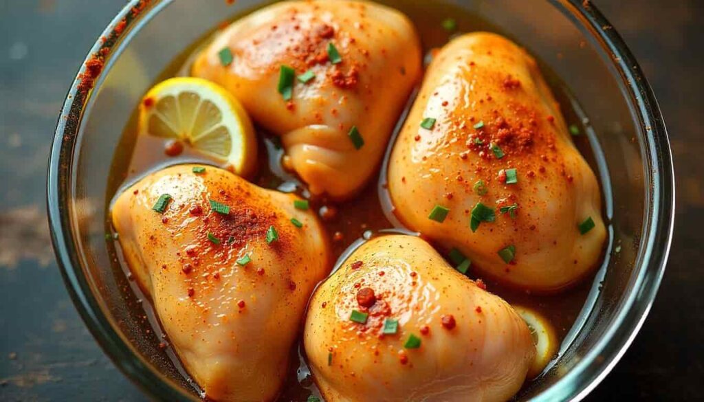 Close-up of raw chicken thighs marinating in lemon, olive oil, garlic, cumin, paprika, and turmeric in a glass bowl, overhead angle, clean kitchen background