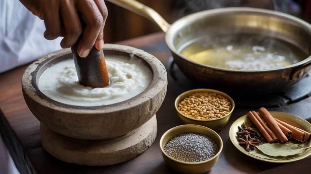 Fresh coconut masala used in chicken kulambu recipe Tempering whole spices for South Indian chicken kulambu