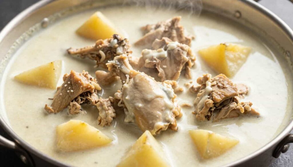 Creamy Indian chicken stew recipe close-up Close-up shot of creamy Indian chicken stew showing tender chicken, potatoes, and coconut milk gravy, shallow depth of field