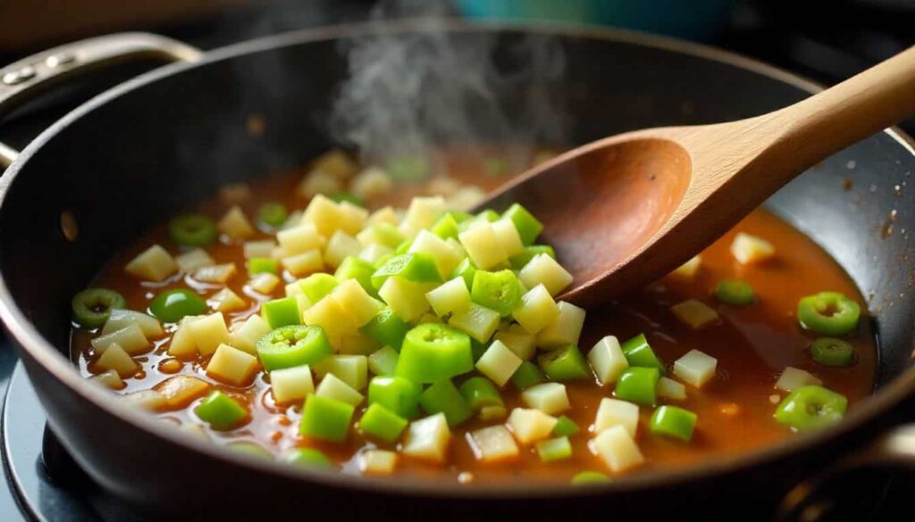 Holy trinity vegetables cooking for chicken sausage jambalaya recipe with onion, bell pepper, and celery