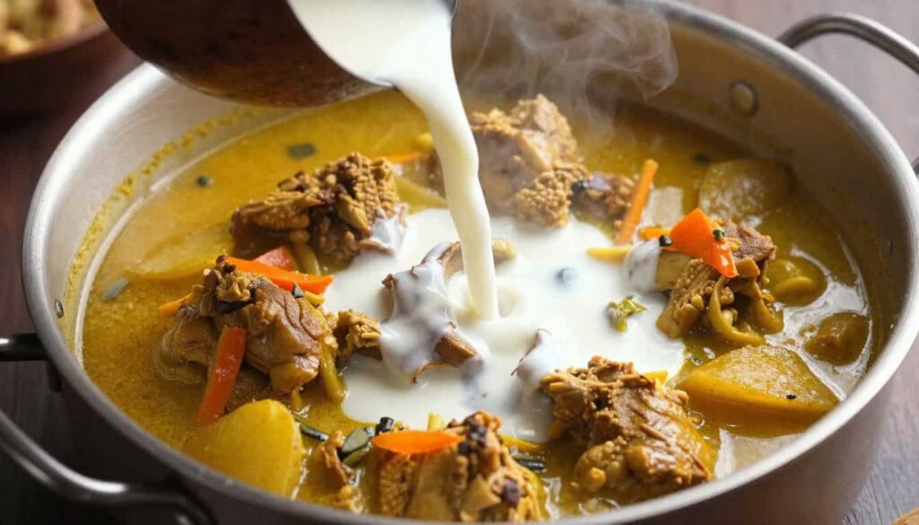 Coconut milk added to Indian chicken stew recipe Coconut milk being poured into simmering Indian chicken stew with vegetables, creamy texture visible, overhead cooking shot
