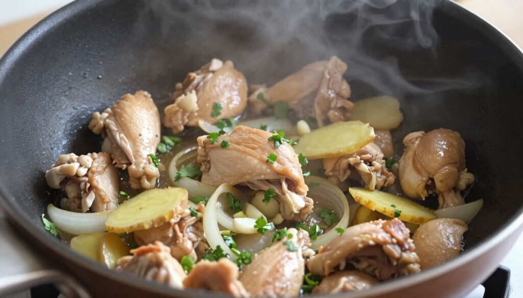 Chicken cooking for Indian chicken stew recipe Chicken pieces being sautéed with onions, ginger, and garlic in a pot, Indian cooking process shot, steam rising, warm kitchen lighting