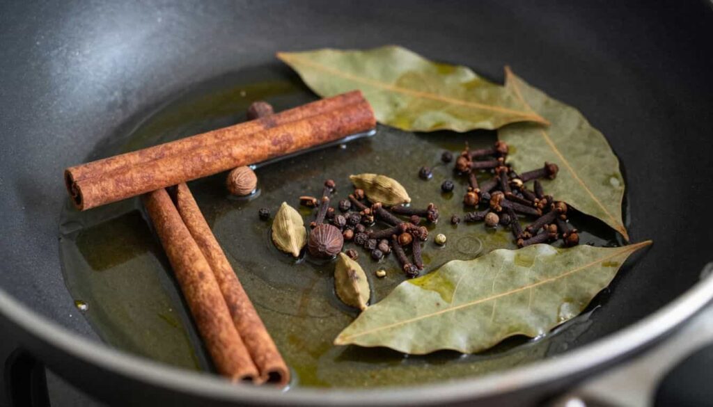 Whole spices tempering for Indian chicken stew recipe