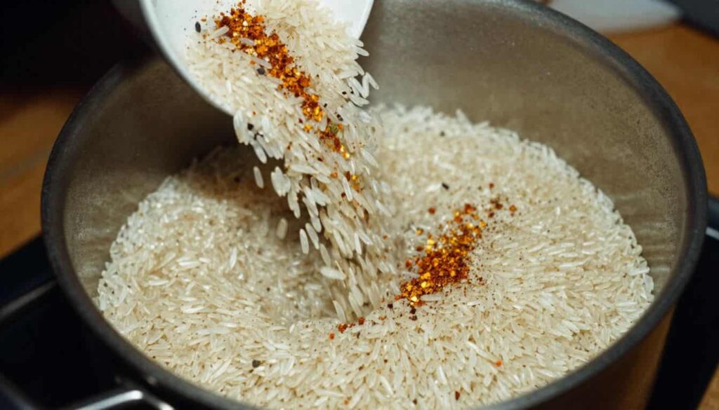 Long-grain rice and Cajun spices added to chicken sausage jambalaya recipe during cooking