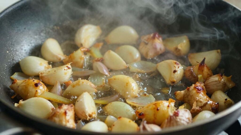 Sautéing garlic, ginger, and onions for chicken papaya recipe flavor base