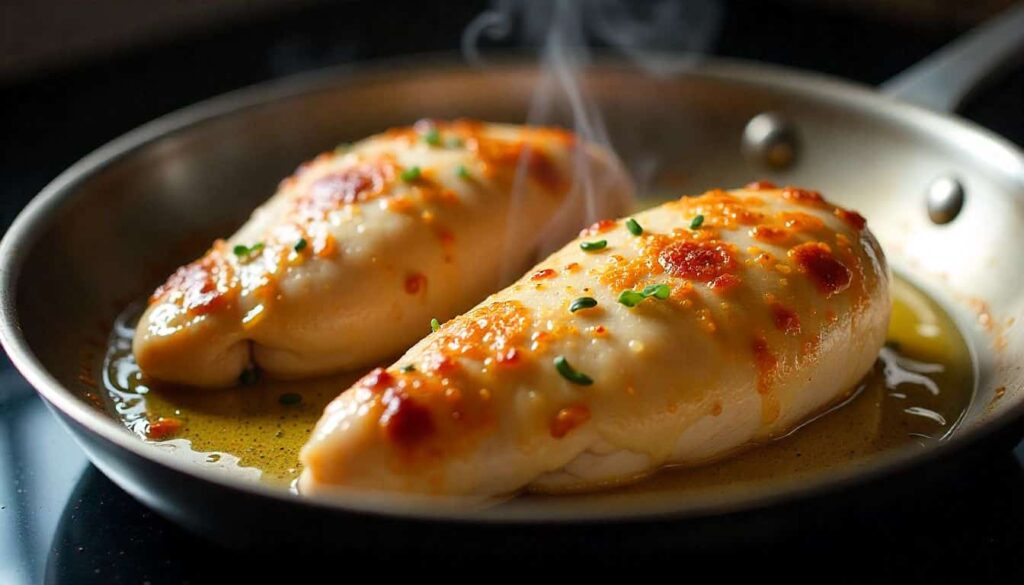 Pan-searing stuffed chicken breasts for Chicken Rosa Maria recipe