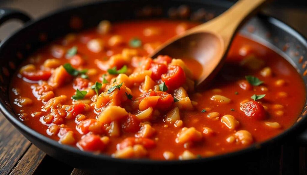 Traditional sofrito base cooking for authentic chicken paella recipe with tomatoes, garlic, onion, and smoked paprika.