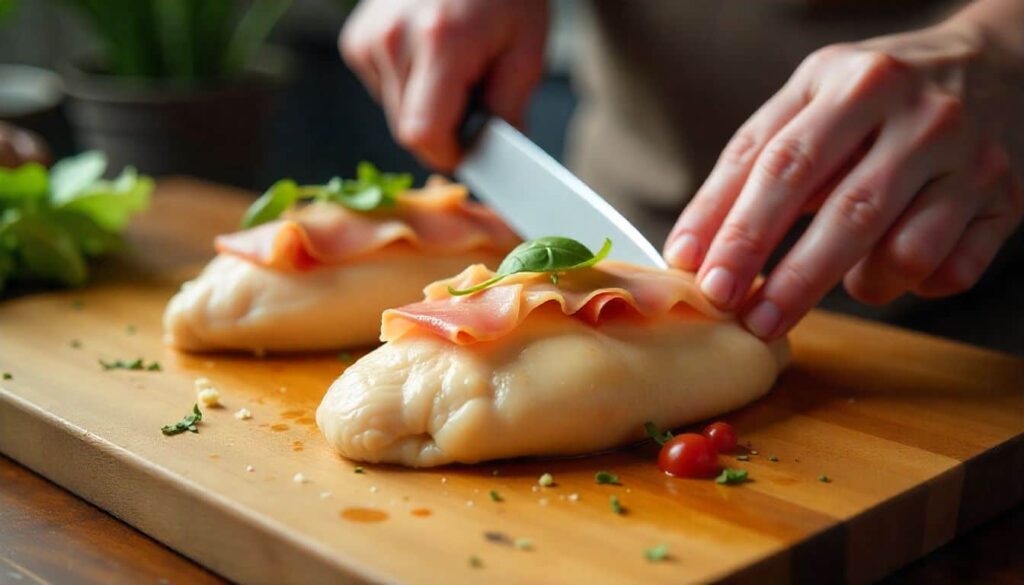 Stuffing chicken breasts with prosciutto and fontina cheese for Chicken Rosa Maria recipe